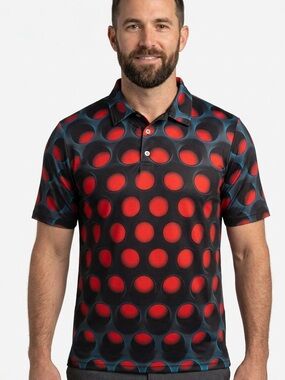 Obnoxious Golf Polo Shirt Men's Size Large Black Red Optical Illusion Print